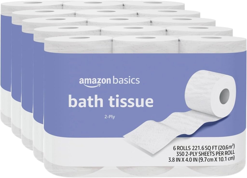 Amazon Basics 2-Ply Toilet Paper, 30 Rolls = 120 Regular Rolls, 350 Sheets, (Pack of 30), Unscente