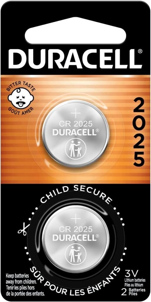 Duracell CR2025 3V Lithium Battery, Child Safety Features, 2 Count Pack, Lithium Coin Battery for Key Fob, Car Remote, Glucose Monitor, CR Lithium 3 Volt Cell (Pack of 2)