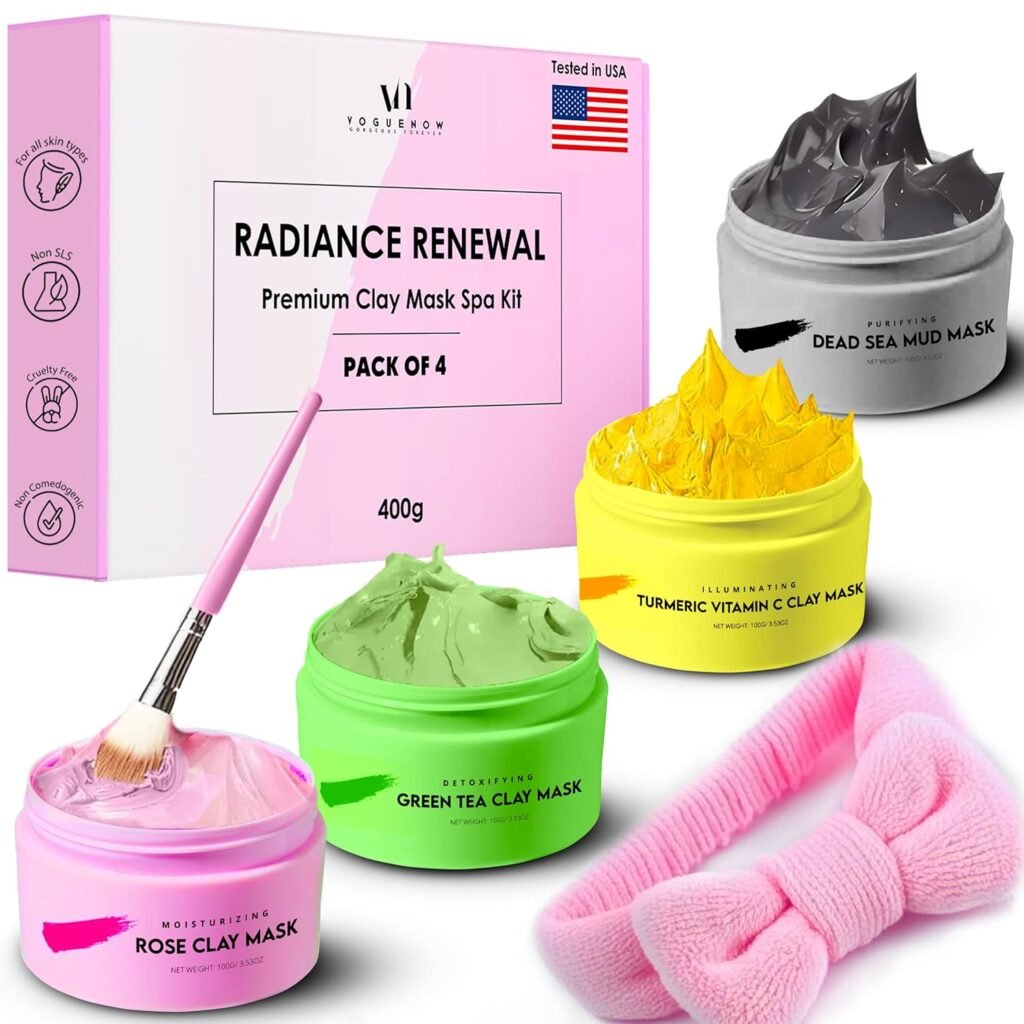 VogueNow Clay Mask Gift Pack of 4 Jars (400g) With Cute Headband & Brush | Premium Clay Face Mask | Turmeric Vitamin C, Green Tea, Rose, Dead Sea Mud |